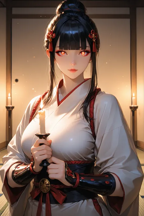 TKNKZMI, black hair, blunt bangs, red eyeshadow, sidelocks, hair ornament, hair bun, white kimono, arm guards, tabi, Enchanting Eyes, focus drawn to eyes, highly detailed eyes, sparkles in eyes, 1 girl, solo, upper body view, beautiful face, anatomically a...