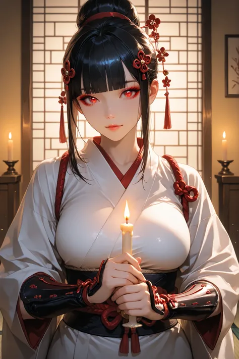TKNKZMI, black hair, blunt bangs, red eyeshadow, sidelocks, hair ornament, hair bun, white kimono, arm guards, tabi, Enchanting Eyes, focus drawn to eyes, highly detailed eyes, sparkles in eyes, 1 girl, solo, upper body view, beautiful face, anatomically a...
