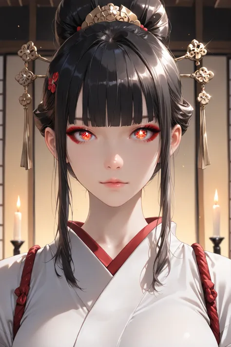 TKNKZMI, black hair, blunt bangs, red eyeshadow, sidelocks, hair ornament, hair bun, white kimono, arm guards, tabi, Enchanting Eyes, focus drawn to eyes, highly detailed eyes, sparkles in eyes, 1 girl, solo, detailed portrait, beautiful face, anatomically...