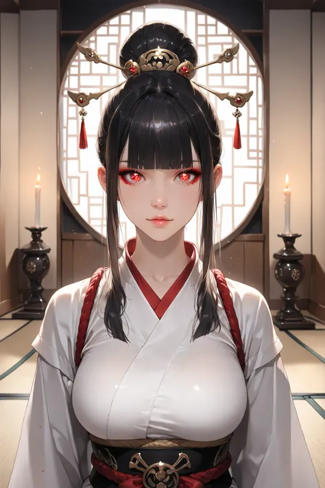 TKNKZMI, black hair, blunt bangs, red eyeshadow, sidelocks, hair ornament, hair bun, white kimono, arm guards, tabi, Enchanting Eyes, focus drawn to eyes, highly detailed eyes, sparkles in eyes, 1 girl, solo, detailed portrait, beautiful face, anatomically...