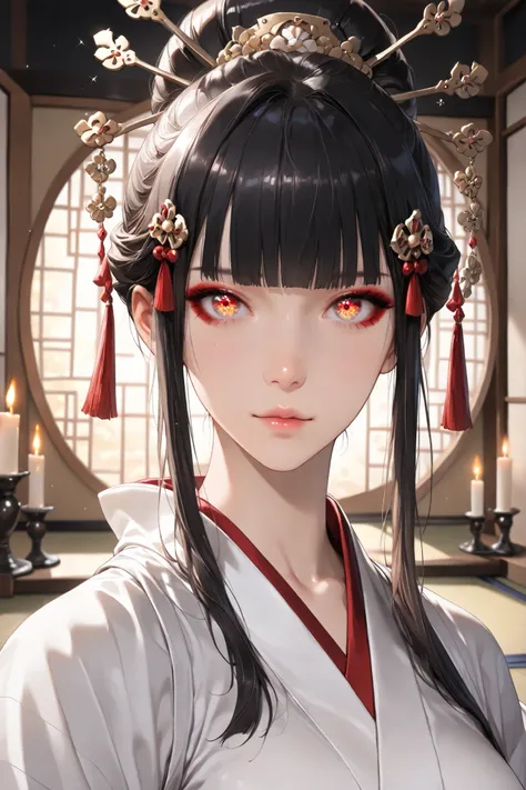 TKNKZMI, black hair, blunt bangs, red eyeshadow, sidelocks, hair ornament, hair bun, white kimono, arm guards, tabi, Enchanting Eyes, focus drawn to eyes, highly detailed eyes, sparkles in eyes, 1 girl, solo, detailed portrait, beautiful face, anatomically...