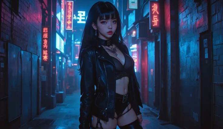 A young Asian woman, , } slightly left of center in a narrow alley, ist der Mittelpunkt.  She wears a dark, a leather-like jacket over a transparent top and matching leather-look bottoms and thigh-high boots. Her hair is long and dark,  and her facial expr...