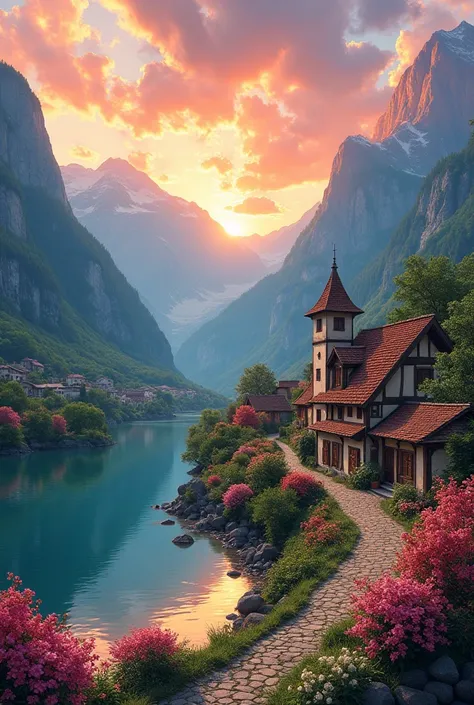 A small village by the river, mountains in the background, floral flowers colorful, detailed landscape, beautiful natural landscapes, atmospheric lighting, scorching sunset, warm colors, Practical, фотоPractical, detailed foliage, complex buildings, paved ...