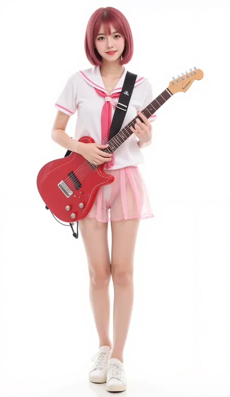 (solo, girl, dark pink haired, bob-hair, beautiful black eyes, full body view, standing with red guitar ,(sailor suit,white Sailor Collar , short sleeve shirt, pink ribbon tie, see-through mini skirt with pink lines, pink bikini panties, pink sneakers, shi...