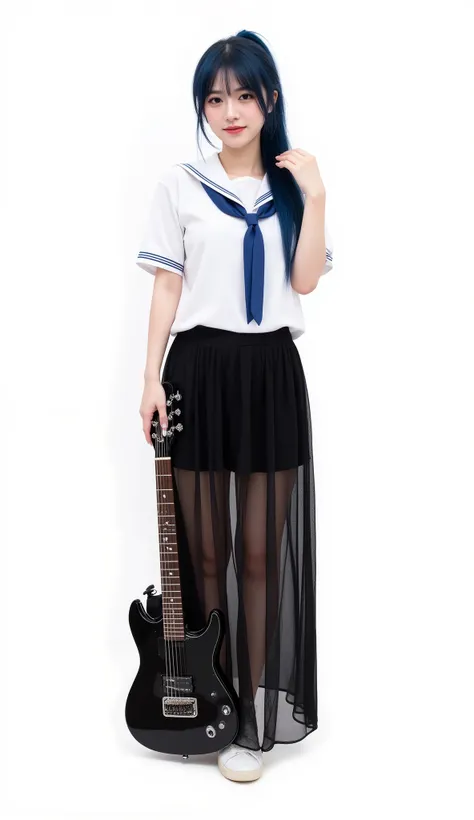 (solo, dark blue haired, ponytail, long hair, beautiful black eyes, full body view, standing with black base guitar ,(sailor suit,white Sailor Collar , short sleeve shirt, blue ribbon tie, see-through black long skirt, pubic hair, vagina, uncensored, white...