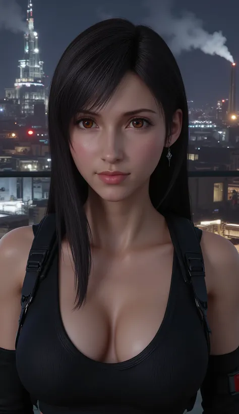 Tifa Lockhart, TifaFFVII, detailed eyes, 1 girl, solo, full body view, front, the girl is very beautiful, beautiful face, anatomically accurate ratio, large breasts, the girl looks into the viewer, beautiful detailed lips, detailed face, complex details, d...
