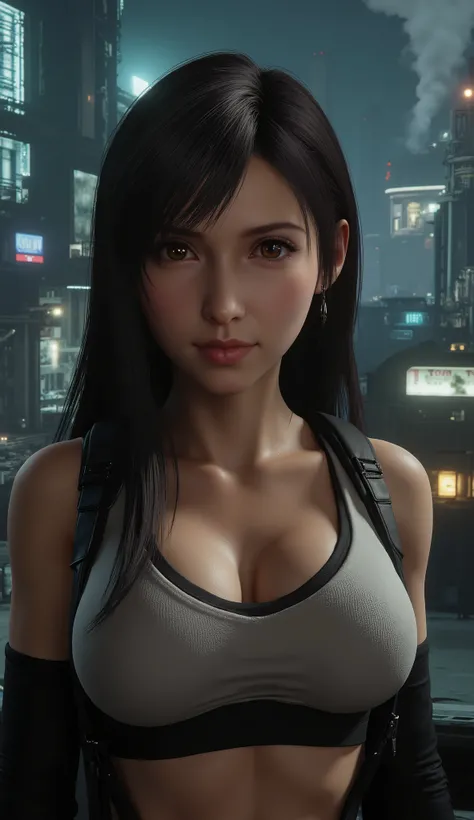 Tifa Lockhart, TifaFFVII, detailed eyes, 1 girl, solo, full body view, front, the girl is very beautiful, beautiful face, anatomically accurate ratio, large breasts, the girl looks into the viewer, beautiful detailed lips, detailed face, complex details, d...