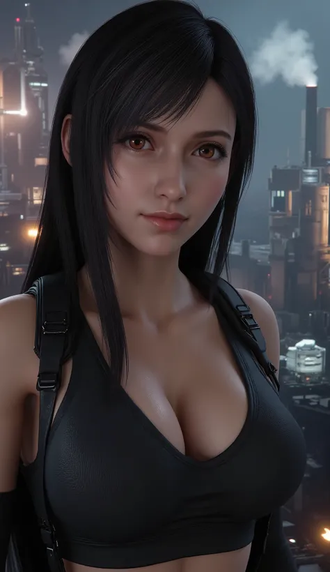 Tifa Lockhart, TifaFFVII, detailed eyes, 1 girl, solo, full body view, front, the girl is very beautiful, beautiful face, anatomically accurate ratio, large breasts, the girl looks into the viewer, beautiful detailed lips, detailed face, complex details, d...
