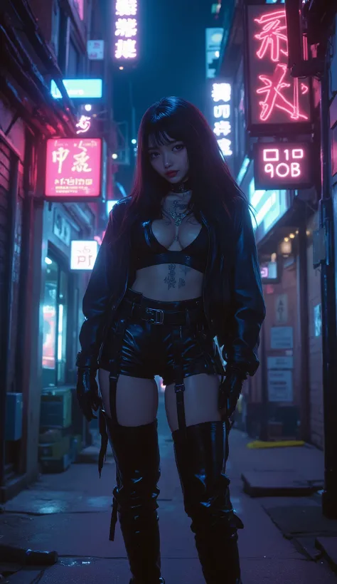 A young Asian woman, , } slightly left of center in a narrow alley, ist der Mittelpunkt.  She wears a dark, a leather-like jacket over a transparent top and matching leather-look bottoms and thigh-high boots. Her hair is long and dark,  and her facial expr...