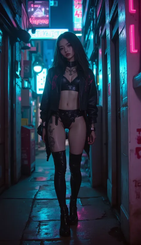 A young Asian woman, , } slightly left of center in a narrow alley, ist der Mittelpunkt.  She wears a dark, a leather-like jacket over a transparent top and matching leather-look bottoms and thigh-high boots. Her hair is long and dark,  and her facial expr...