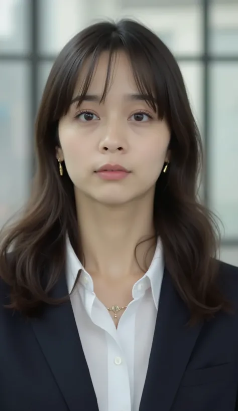 Neat Young Woman、looking at the camera、office lady suit、jacket、shirt、耳にピアス、、、歯を見せた笑顔、、、face close-up、The background is office
