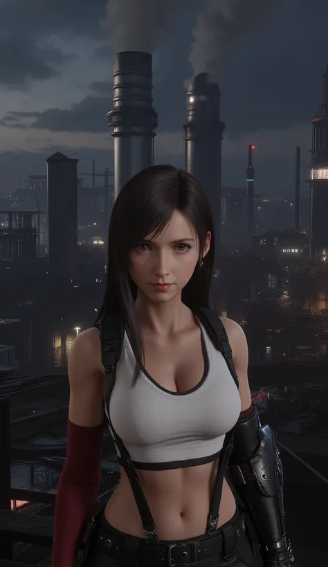 TifaFFVII, Tifa Lockhart, detailed eyes, 1 girl, solo, full body view, front, the girl is very beautiful, beautiful face, anatomically accurate proportions, big breasts, the girl is standing in elegant pose, the girl is looking at the viewer, beautiful det...