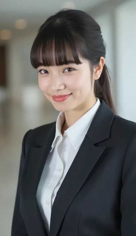 Neat Young Woman、looking at the camera、office lady suit、jacket、shirt、耳にピアス、、、歯を見せた笑顔、、、face close-up、The background is office

