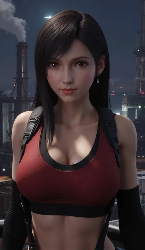 TifaFFVII, Tifa Lockhart, detailed eyes, 1 girl, solo, full body view, front, the girl is very beautiful, beautiful face, anatomically accurate proportions, big breasts, the girl is standing in elegant pose, the girl is looking at the viewer, beautiful det...