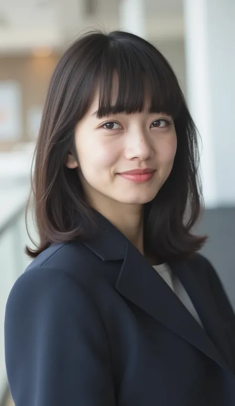 Neat Young Woman、looking at the camera、office lady suit、jacket、shirt、耳にピアス、、、歯を見せた笑顔、満面の笑み、、、face close-up、The background is office
