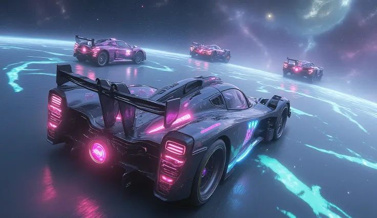 (high detail). F1 interplanetary races take place in space, the car is made in the shape of a needle, a ring with one jet engine at the back and shunting engines on the sides. Participants fly into a hologram, participant number 3 comes forward at phenomen...