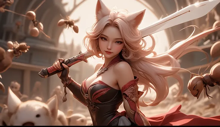 masterpiece, best quality, ultra-detailed, anime style, heroic human and red panda, half human and half red panda, Foxian, standing bravely against a massive swarm of ants, epic battle scene, strong and determined expression, wind blowing through her hair,...