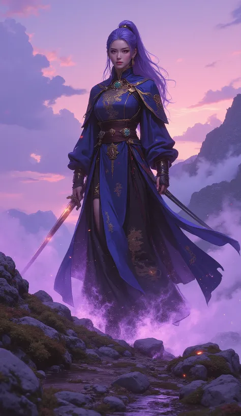 (Masterpiece, 8K, ultra-detailed, epic cinematic photography, dramatic low-angle shot, dynamic composition, volumetric lighting, rich and vibrant colors). An ethereal fantasy wuxia swordswoman, a vision of grace and power, confidently striding along a trea...