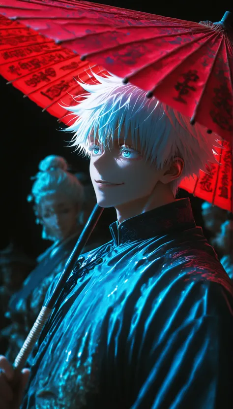 depth of field, high definition image, lots of details, masterpiece,a boy, Satoru Gojo from Jujutsu Kaisen,blue eyes brillantes,red paper umbrella with Chinese engravings, , white hair brillante destacando sobre el fondo, Look far away, ironic smile, Japan...