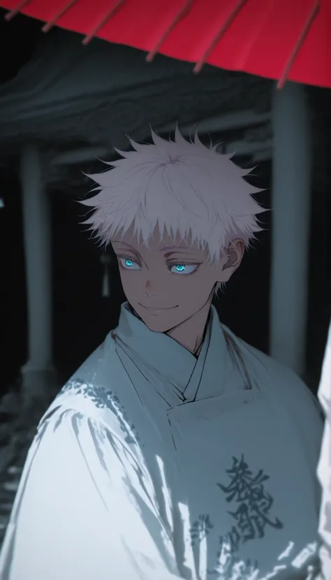 depth of field, high definition image, lots of details, masterpiece,a boy, ((Alone)), Satoru Gojo from Jujutsu Kaisen,blue eyes brillantes,red paper umbrella with Chinese engravings, , white hair brillante destacando sobre el fondo, Look far away, ironic ...