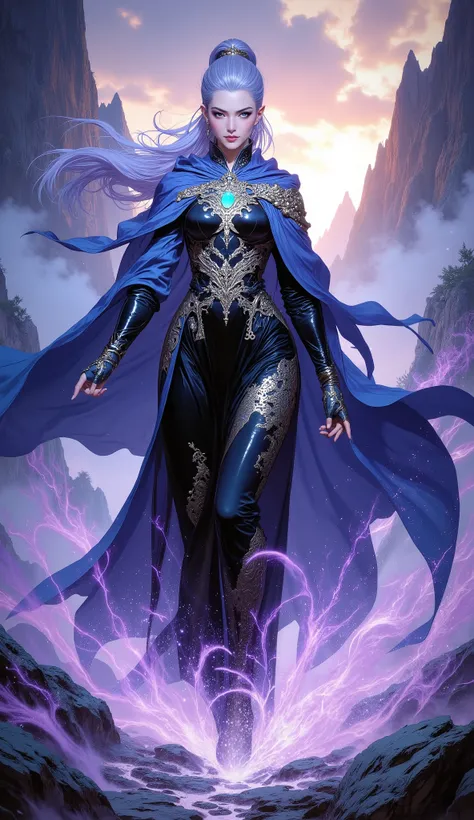 (Masterpiece, 8K, ultra-detailed, epic cinematic photography, dramatic low-angle shot, dynamic composition, volumetric lighting, rich and vibrant colors). An ethereal fantasy wuxia heroine, a vision of grace and power, confidently striding along a treacher...