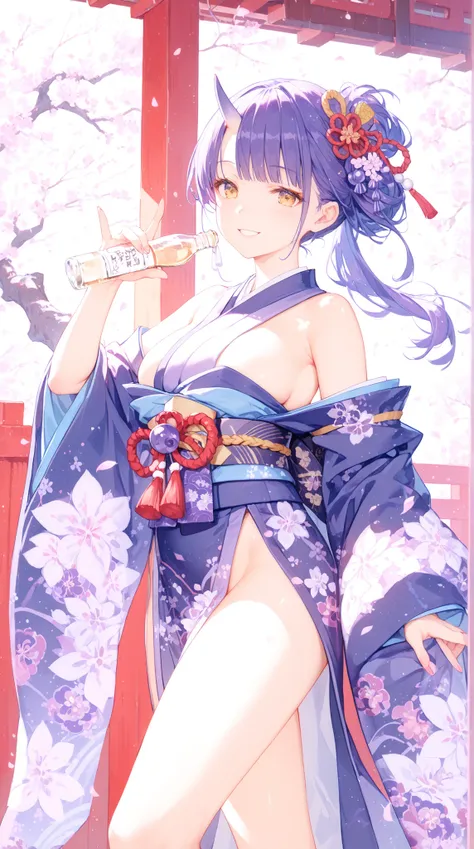 High Quality, masterpiece, ultra high res, Demon Girl with Purple Hair, with golden eyes, small horn, Glossy Japanese Clothes, revealing kimono, plump figure, Woman holding a liquor bottle, bewitching smile, under the cherry tree, Moonlight, fantastic Japa...