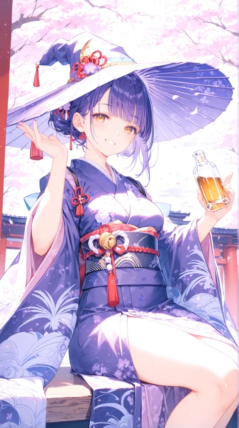 High Quality, masterpiece, ultra high res, Demon Girl with Purple Hair, with golden eyes, small horn, Glossy Japanese Clothes, revealing kimono, plump figure, Woman holding a liquor bottle, bewitching smile, under the cherry tree, Moonlight, fantastic Japa...