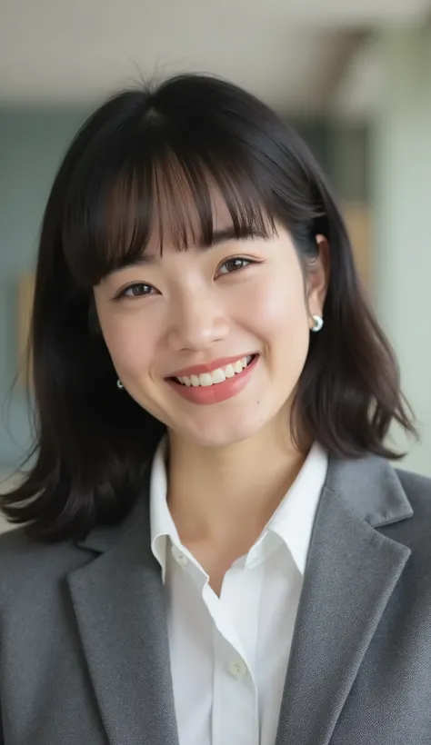 Neat Young Woman、looking at the camera、office lady suit、jacket、shirt、耳にピアス、、、歯を見せた笑顔、、、face close-up、The background is office

