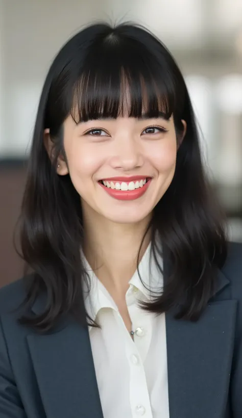 Neat Young Woman、looking at the camera、office lady suit、jacket、shirt、耳にピアス、、、歯を見せた笑顔、、、face close-up、The background is office
