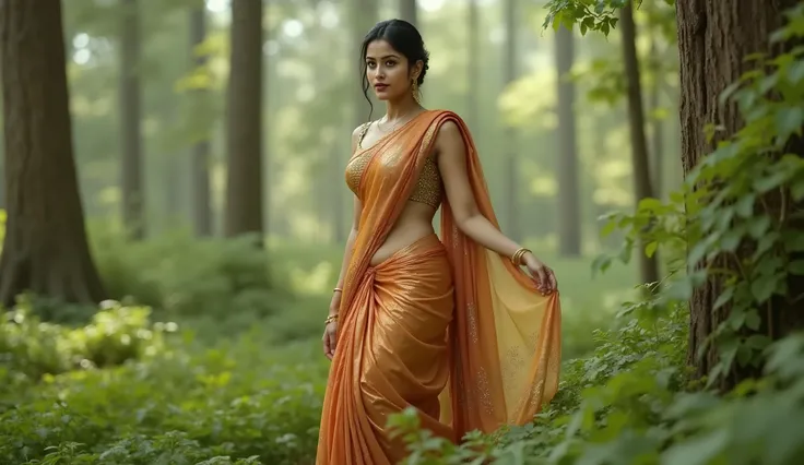 Full hd elegant picture of a 25years old women wearing saree and blouse wandering around in the beautiful forest and thinking in sad mood