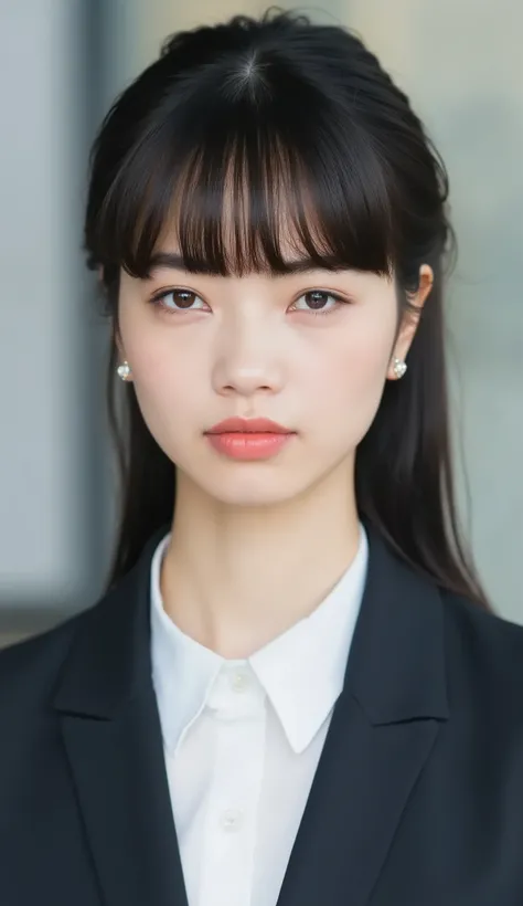 Neat Young Woman、looking at the camera、office lady suit、jacket、shirt、耳にピアス、、、無表情、、、face close-up、The background is office
