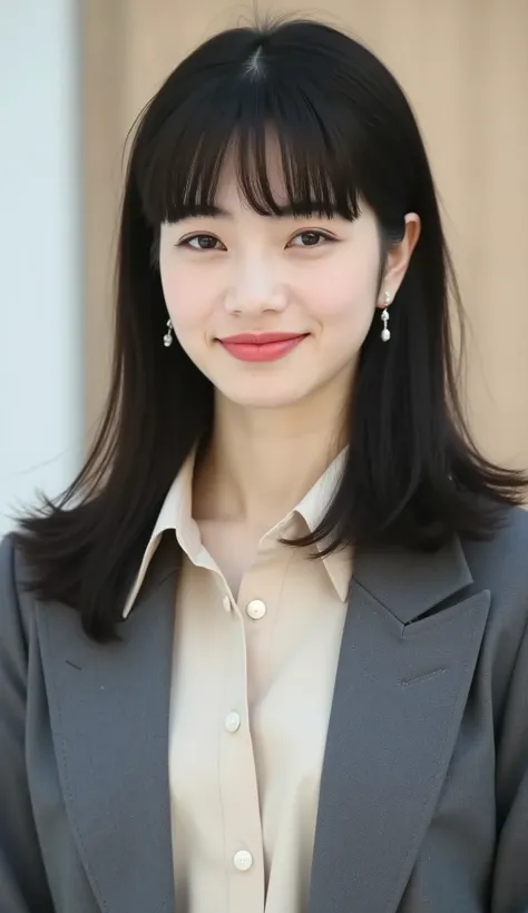 Neat Young Woman、looking at the camera、office lady suit、jacket、shirt、耳にピアス、、、僅かに微笑む、、face close-up、The background is office
