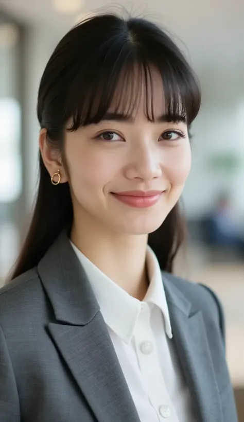 Neat Young Woman、looking at the camera、office lady suit、jacket、shirt、耳にピアス、、、僅かに微笑む、、face close-up、The background is office
