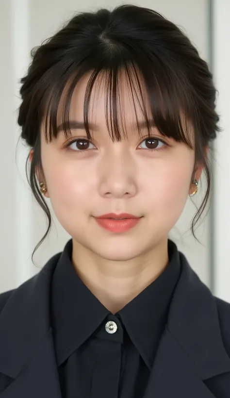 Neat Young Woman、looking at the camera、office lady suit、jacket、shirt、耳にピアス、、濃いアイメイク、、僅かに微笑む、face close-up、The background is office
