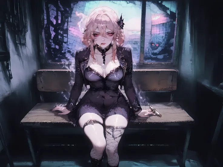 Evernight  \(honkai: star rail \)  a beautiful  beautiful young woman in a school uniform  sitting on a bench and a tie in a classroom setting with chairs and desks behind her, smoking a cigarette. the image also shows the interior of the  abandoned school...
