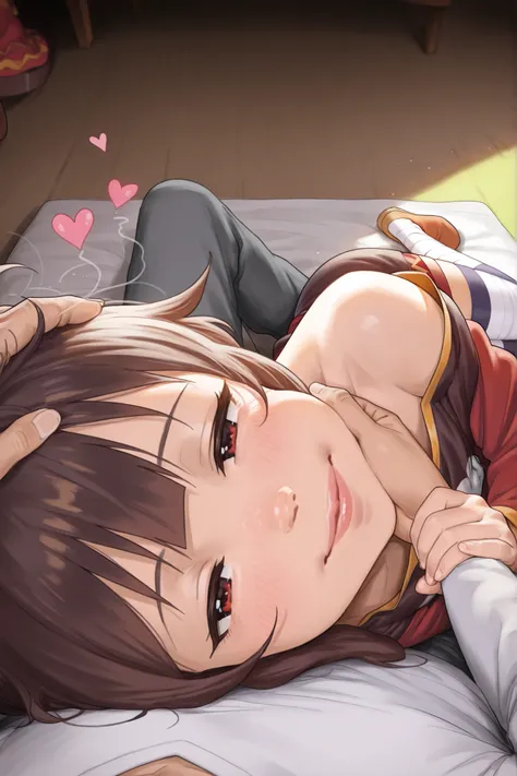 1loli, on side, lying, from side, resting head, sleepy face, happy, lips, megumin(konosuba), cat cosplay, resting on chest, lean back, looking at viewer, head on pov chest, snuggle, flirt, romantic atmosphere, happy, hearts, cozy, male pov, povoverShoulder...