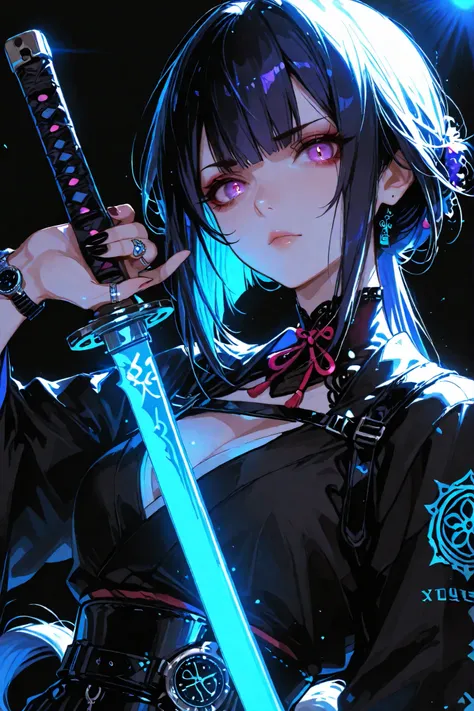 masterpiece, Highest Quality, Shogun ,Swiss Up,Sakimi SUTAIRU,xxx667 _Illustration,748cm style,dark gothic, that breaks between eyebrows High quality, character focus , Minimalist, ring with hand near side angle, upper body, princess cut, Long horse tail ...
