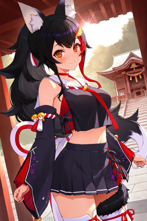 nsfw,Ookami Mio, 1girl, mio, hair ornament,
mio_base, hair ornament, sailor collar, red necktie, black shirt, black skirt, detached sleeves, midriff, kouhaku nawa, white thighhighs, tail wrap, tail around leg,shrine,morning,lens flare,high quality,high ...