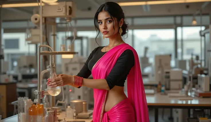 Full hd elegant picture of a 25years old women wearing pinkish saree and black blouse working in the laboratory of physics full picture 