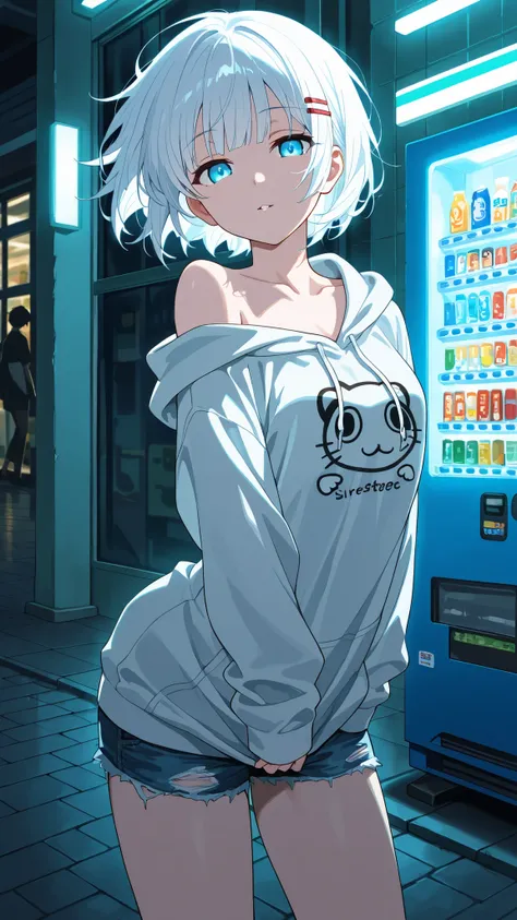 BREAK (masterpiece:1.2),Anime-style Japanese convenience store at night, fluorescent lights glowing inside, vending machines standing near the entrance, soft reflections on the pavement. Quiet street around, simple and cozy atmosphere, highly detailed illu...