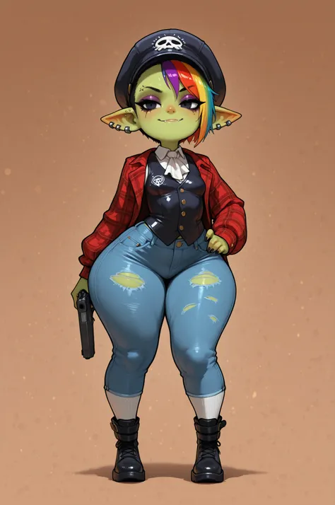 female punk, rainbow colors hair, very short hair, black eye , facial piercings, eye makeup, small breasts, meduim hips, (goblin girl:1.0) (shortstack:1.0) (green skin:1.0) (pointy ears:1.0) (wide hips:1.0)| Masterpiece, best quality, amazing quality, absu...