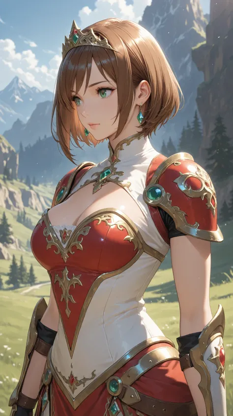 masterpiece, Highest Quality,  solo, 1girl, short hair, brown hair, green eyes, tiara, gem, earrings, Armor, Open Breasts, fingerless gloves, Mother's husband, Outdoors