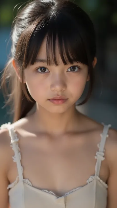 (((big saggy eyes)))、hair bra、she has a blanket wrapped around her neck、her saggy part hangs over her chest、table top with legs visible, Highest Quality, 8k, (, 10th Generation, elementary school student,younger face,younger:1.5),Original Artwork, silly, ...