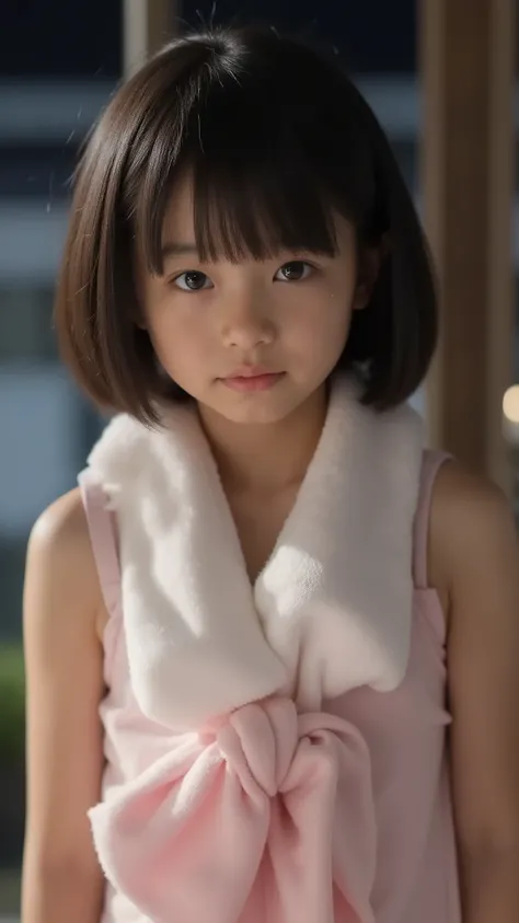 (((big saggy eyes)))、hair bra、she has a blanket wrapped around her neck、her saggy part hangs over her chest、table top with legs visible, Highest Quality, 8k, (, 10th Generation, elementary school student,younger face,younger:1.5),Original Artwork, silly, ...