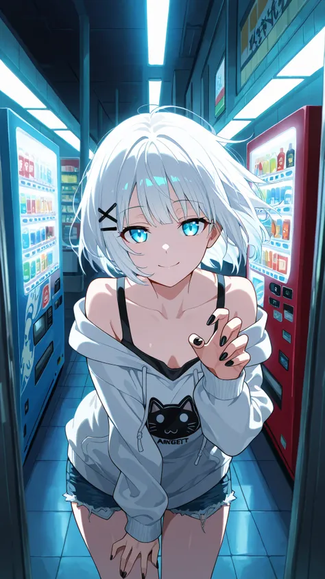 BREAK (masterpiece:1.2),Anime-style Japanese convenience store at night, fluorescent lights glowing inside, vending machines standing near the entrance, soft reflections on the pavement. Quiet street around, simple and cozy atmosphere, highly detailed illu...