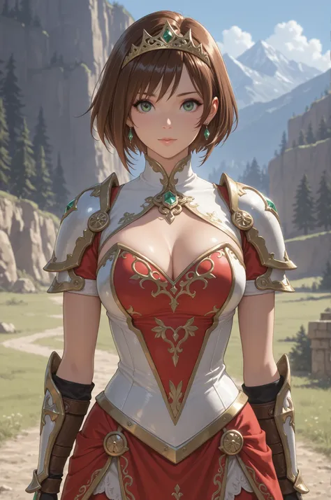 masterpiece, Highest Quality, solo, 1girl, short hair, brown hair, green eyes, tiara, gem, earrings, Armor, Open Breasts, fingerless gloves, Mother's husband, Outdoors