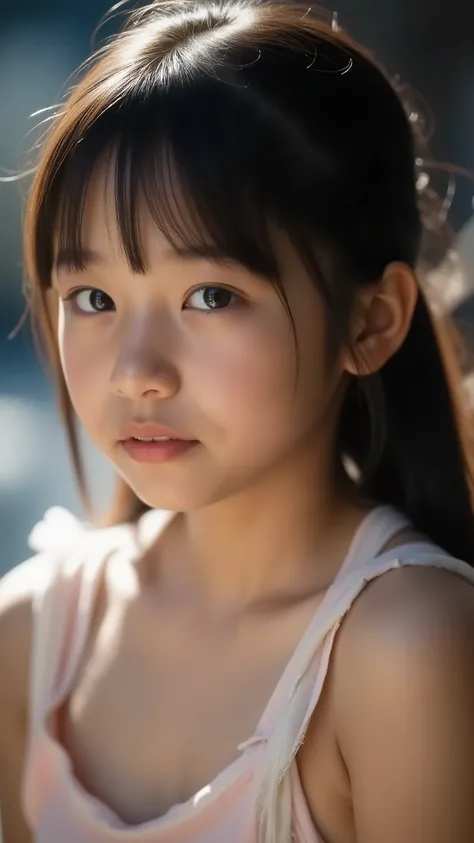 (((big saggy eyes)))、hair bra、she has a blanket wrapped around her neck、her saggy part hangs over her chest、table top with legs visible, Highest Quality, 8k, (, 10th Generation, elementary school student,younger face,younger:1.5),Original Artwork, silly, ...