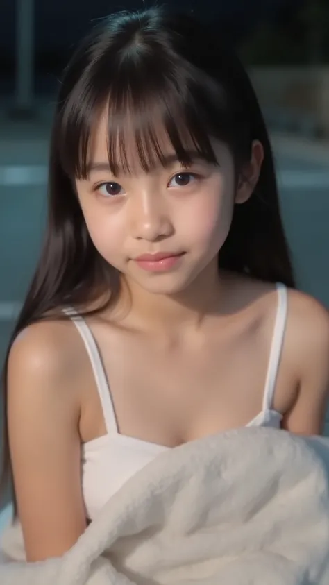 (topless:1.7), NSFW, nudity, (((big saggy eyes)))、hair bra、she has a blanket wrapped around her neck、her saggy part hangs over her chest、table top with legs visible, Highest Quality, 8k, (, 10th Generation, elementary school student,younger face,younger:1....