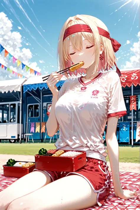 masterpiece, best quality, detailed anime illustration, 
a joyful elegant blonde ojousama in sports day outfit (white T-shirt with red trim, red shorts, red headband), 
sitting on a blue picnic blanket during a sunny school sports festival, 
vivid sports f...