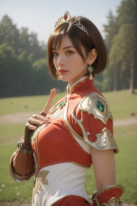 masterpiece, Highest Quality,  solo, 1girl, short hair, brown hair, green eyes, tiara, gem, earrings, Armor, Open Breasts, fingerless gloves, Mother's husband, Outdoors